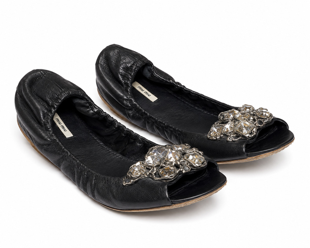 Miu Miu Black Leather Crystal Embellished Open Toe Ballet Flats Women's EU 40